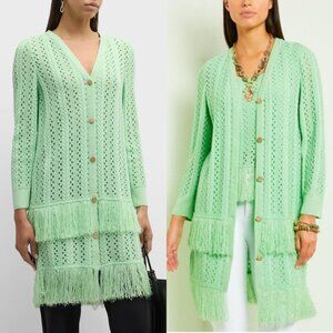 Misook Green Pointelle Cable Knit Fringe Trim Jacket Tank 2 Piece Womens Medium